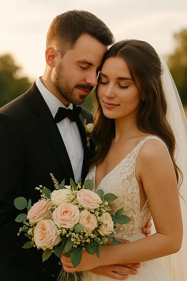 Brautpaar mit roséfarbenem Brautstrauß