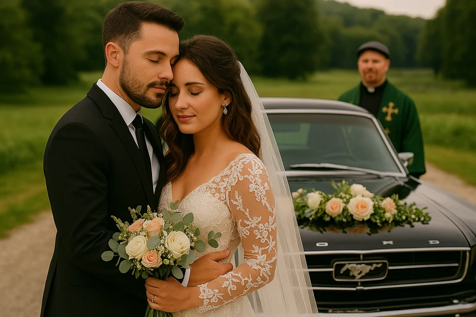 Brautpaar mit klassischem Hochzeitsauto