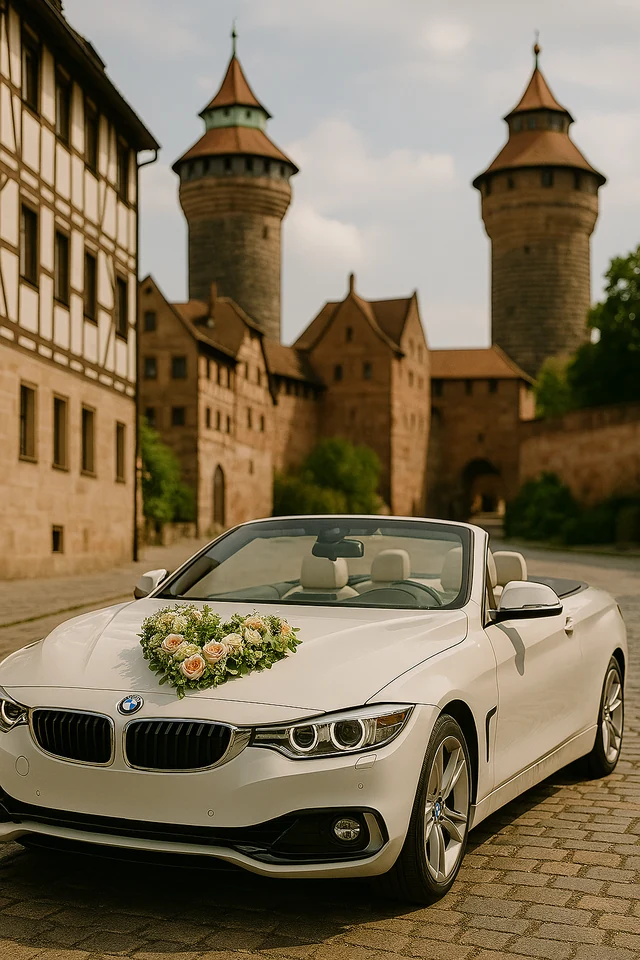Geschmücktes Hochzeitsauto vor historischer Kulisse